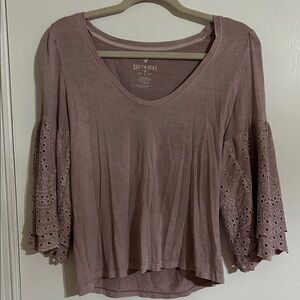 American Eagle Outfitters Mauve Eyelet Bell Sleeve Top